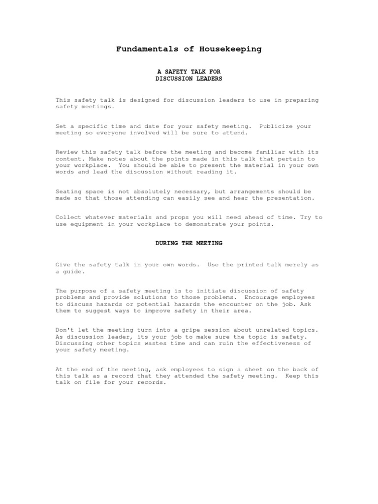 Housekeeping Safety Meeting Guide | PDF | Housekeeping | Pallet