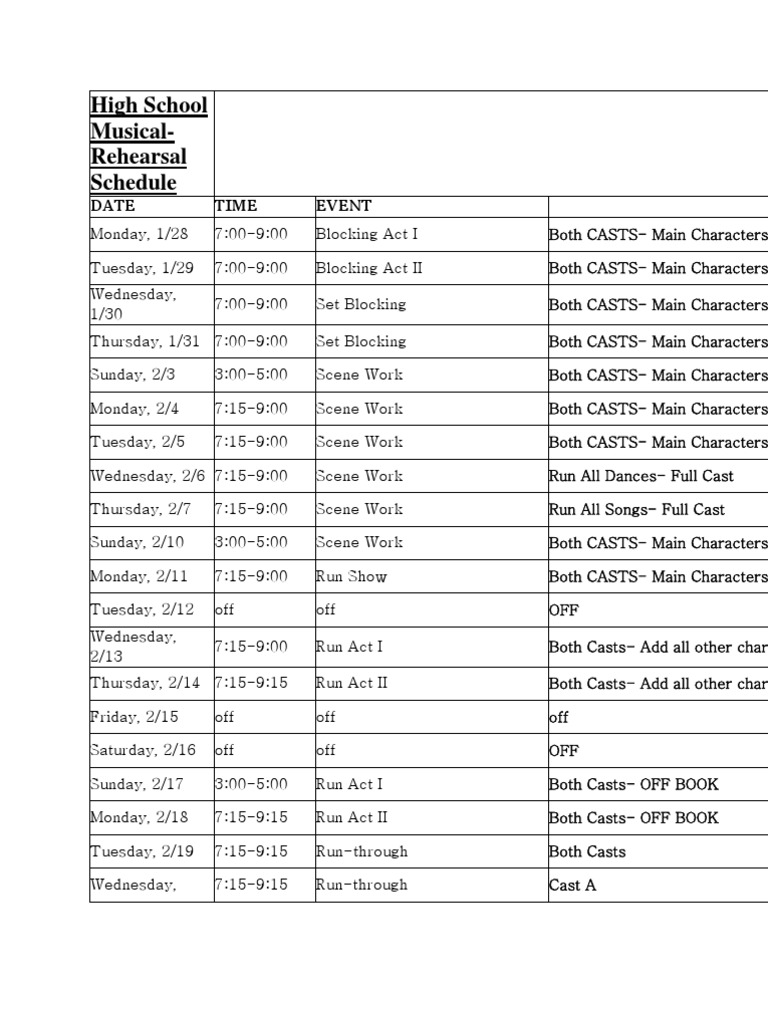 High School Musical Jr. Rehearsal Schedule | PDF