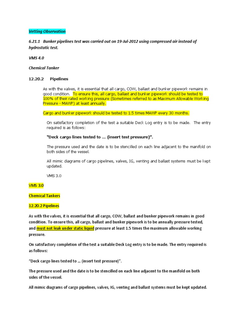 Bunker Lines Testing Pipeline Transport Pressure