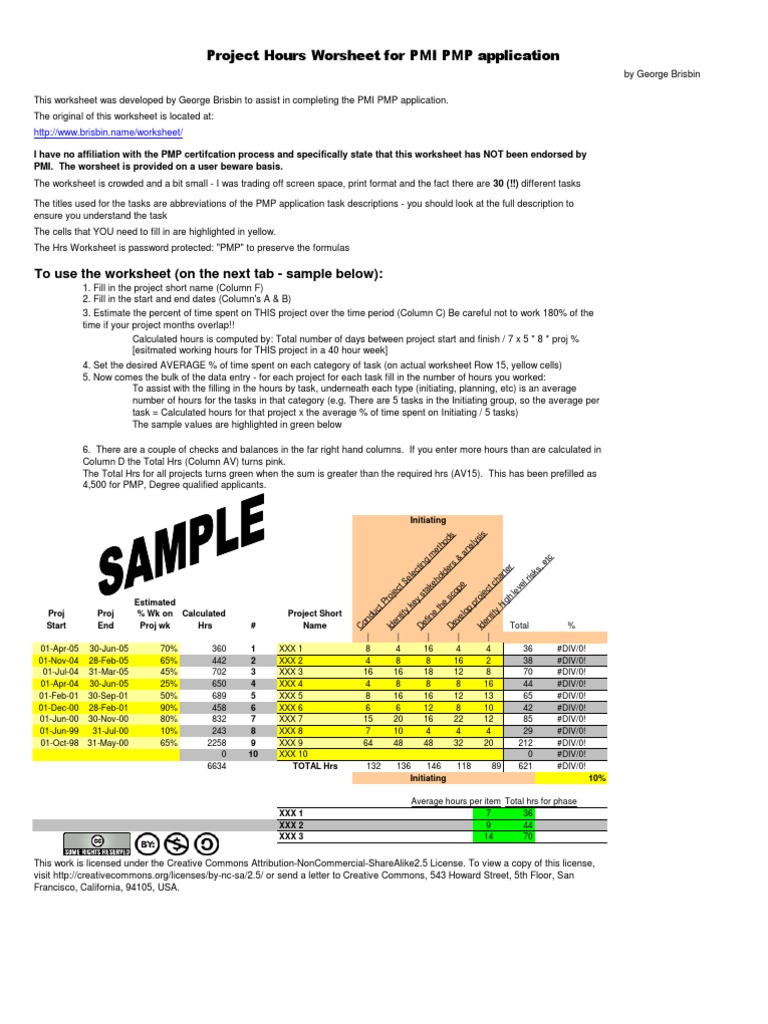 PMP Project Hrs Worksheet | PDF | Project Management Professional