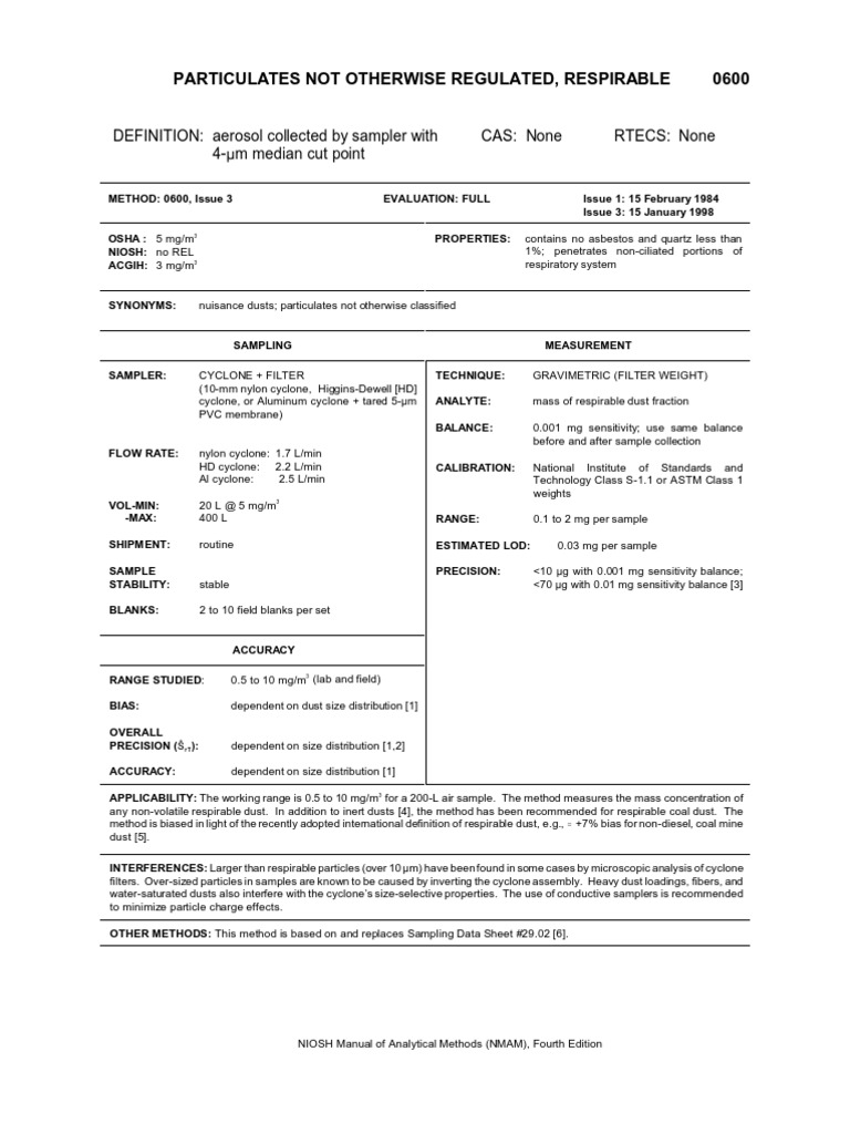Metodo NIOSH 0600 Polvo Respirable | PDF | Dust | Particulates