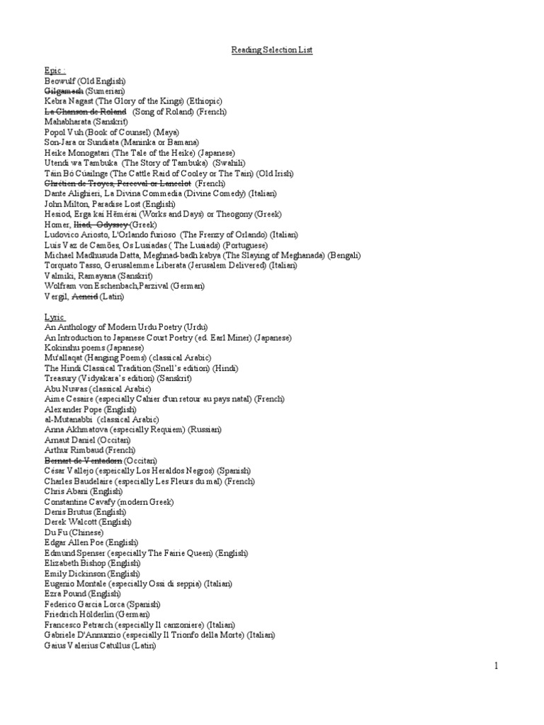 Reading Selection List | PDF