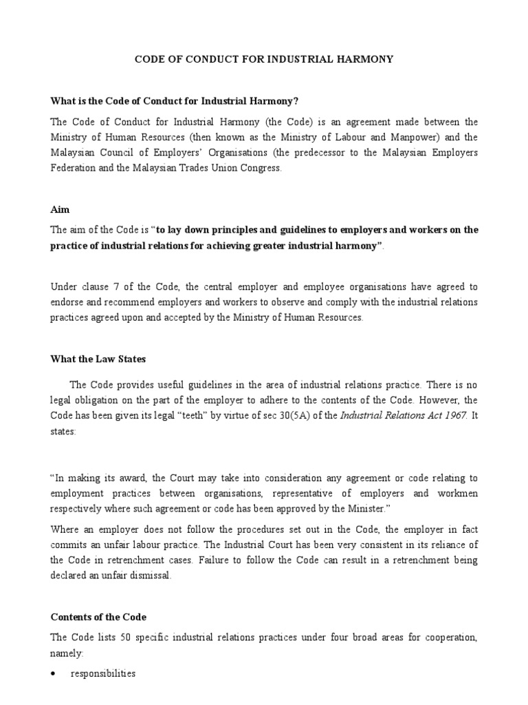 code of conduct for industrial harmony