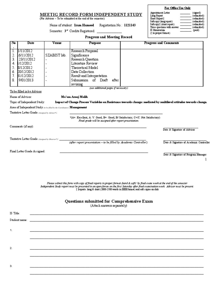 Meetig Record Form Independent Study: Progress and Meeting Record | PDF ...