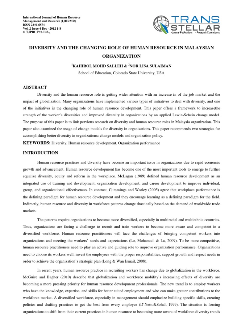 Diversity and The Changing Role of Human Resource in Malaysian ...
