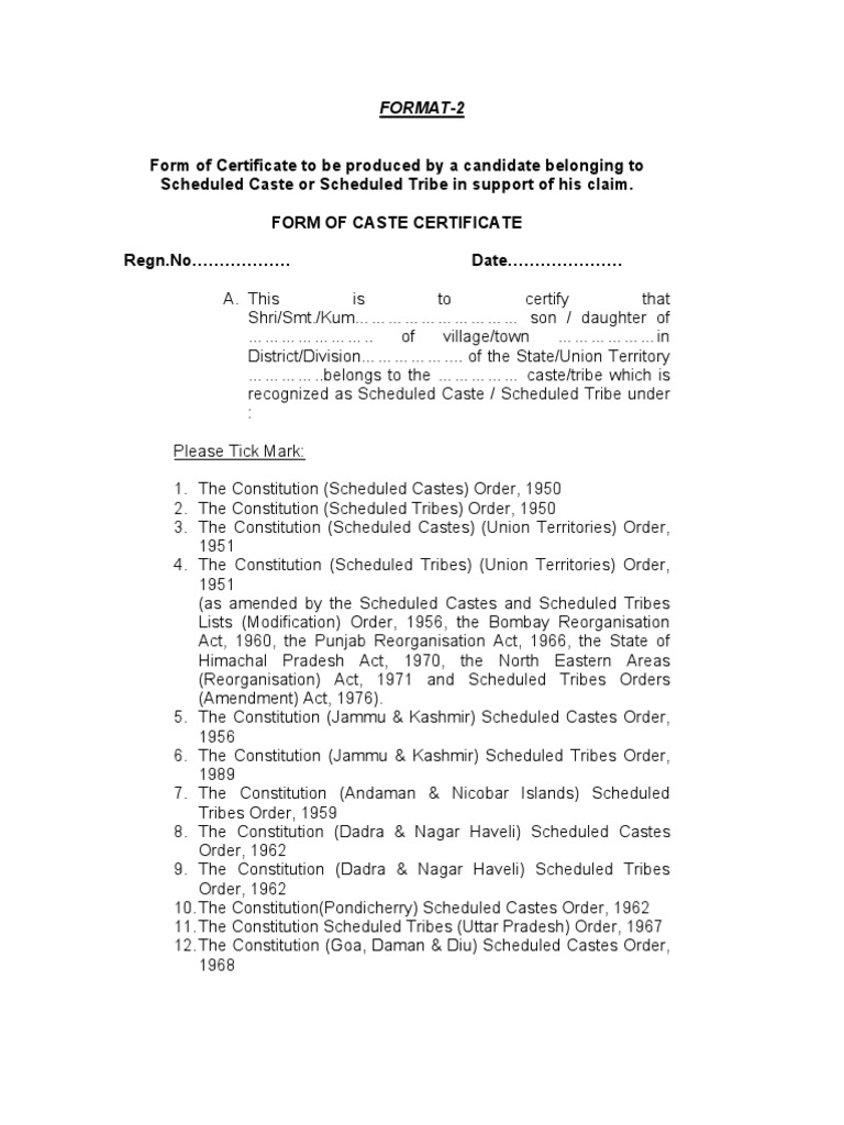Caste Certificate Format for SC/ST | PDF | Magistrate | Government Of India
