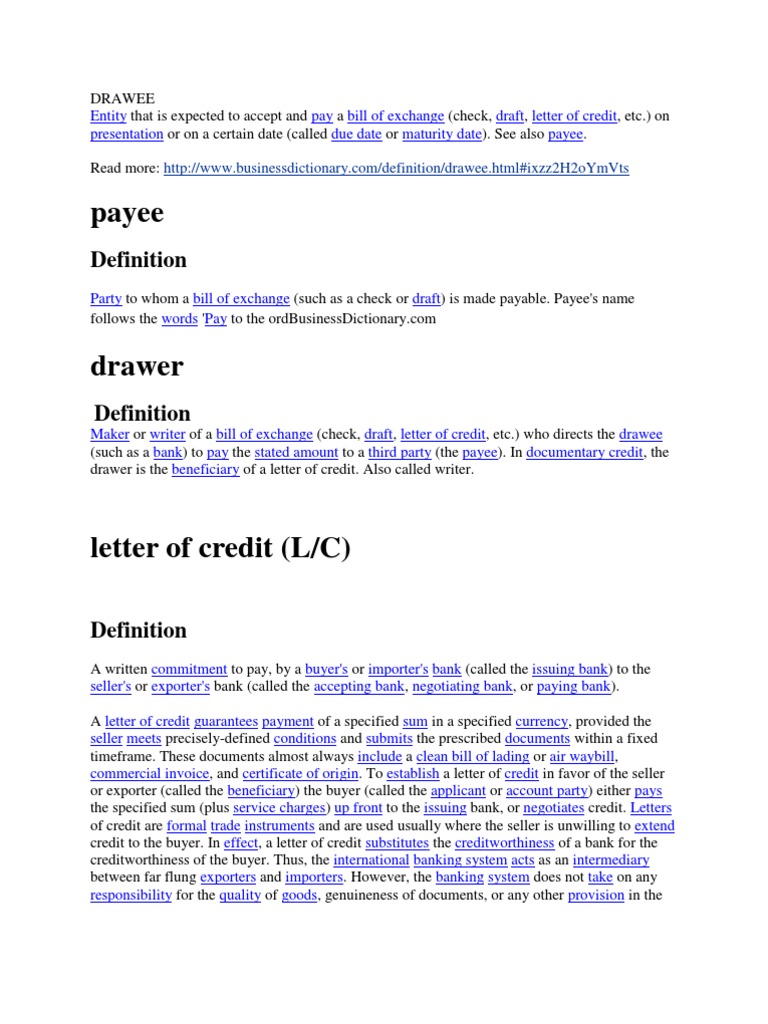 Drawee Negotiable Instrument Letter Of Credit