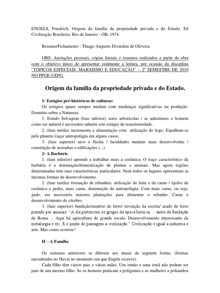 RESUMO Fichamento A Origem Da Familia Da Propriedade Privada e Do Estado ENGELS PDF Povos