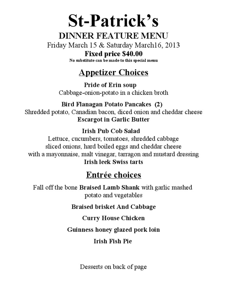 St. Patrick's Dinner Menu 2013 | PDF