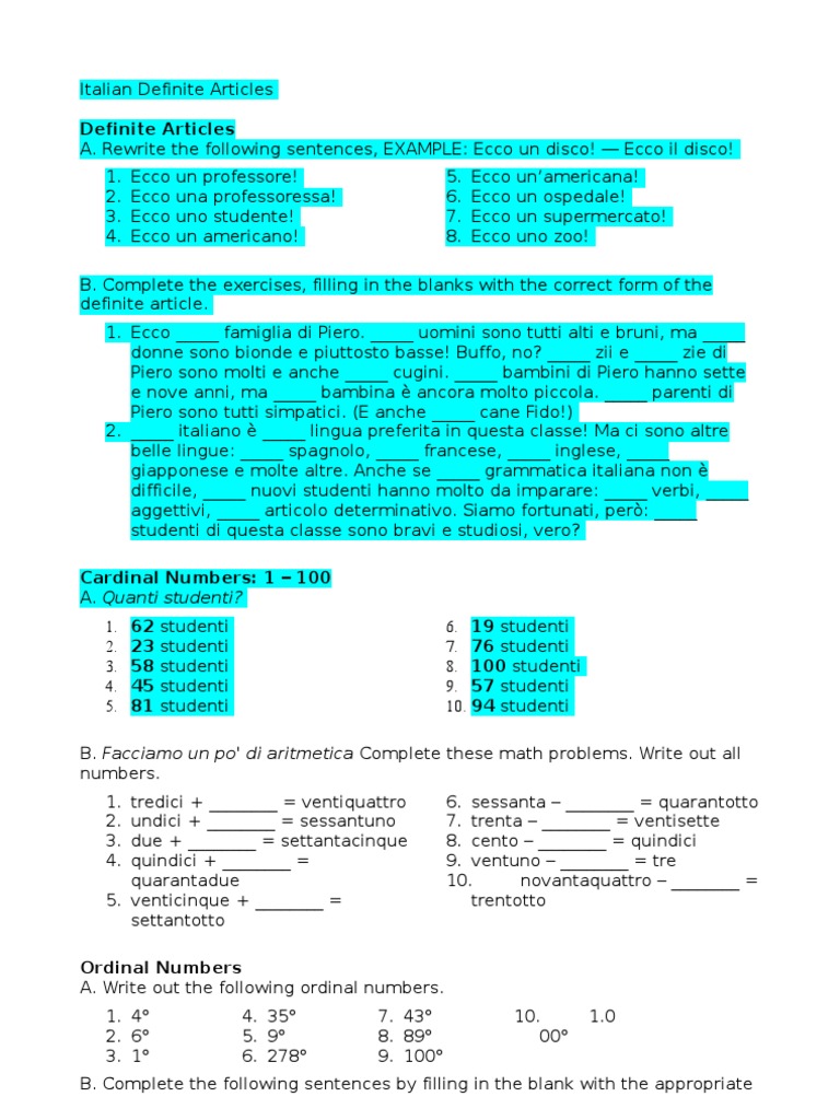 Italian Workbook Exercises | PDF