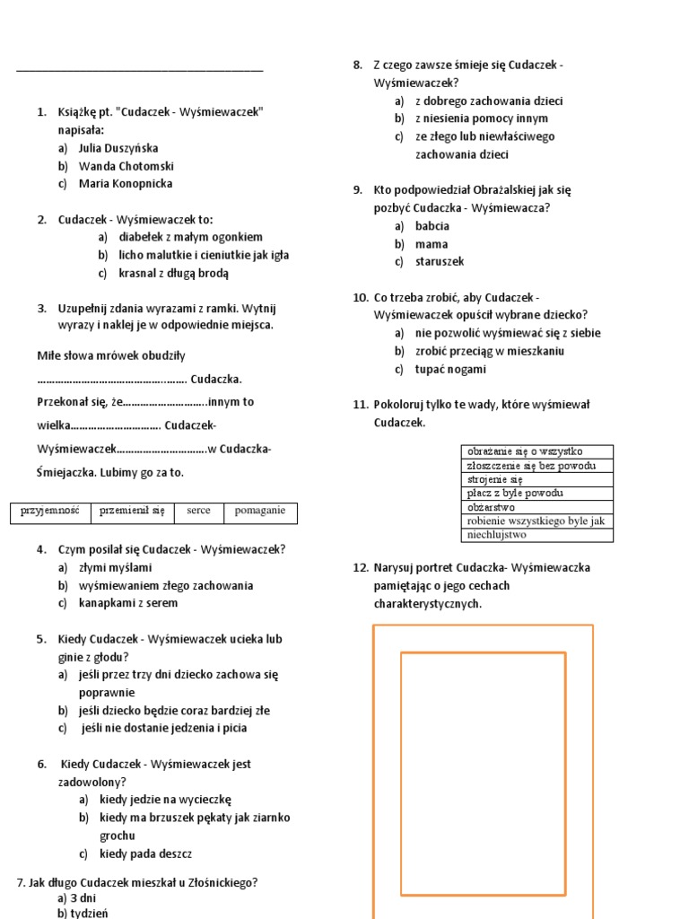 Test Z Lektury Dla Kl. I Cudaczek Wyśmiewaczek PDF