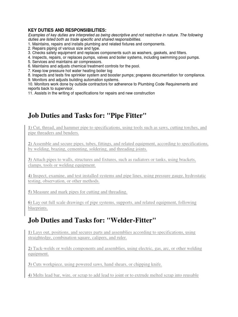 Job Duties and Tasks For: 