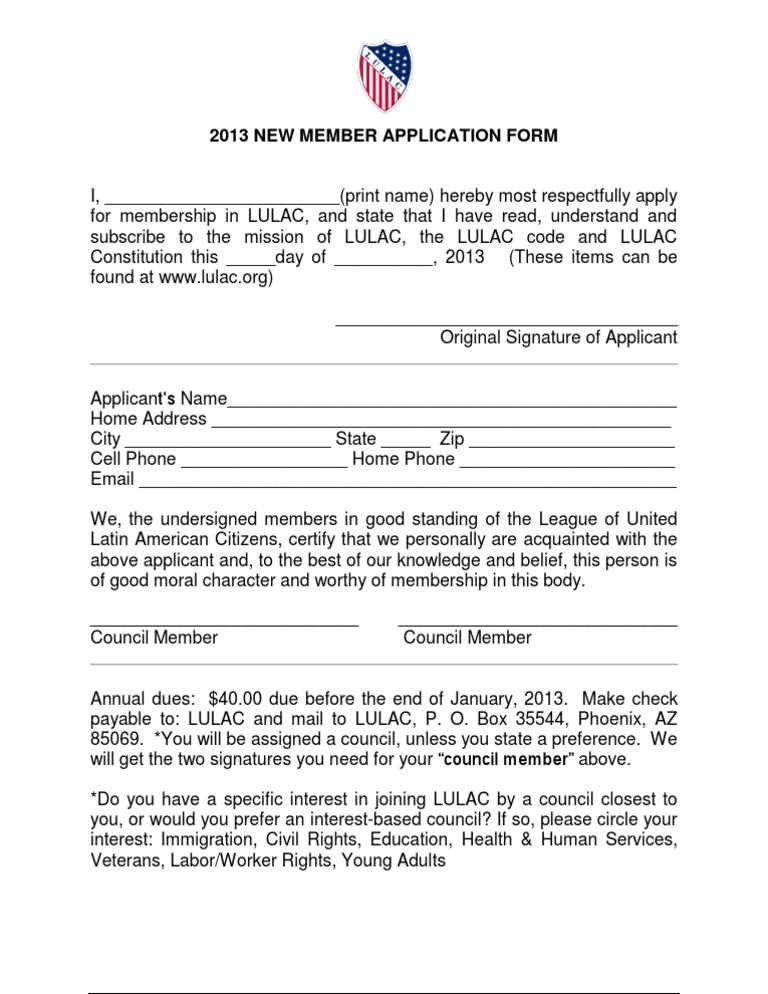LULAC 2013 Membership Application Form | PDF | Career & Growth