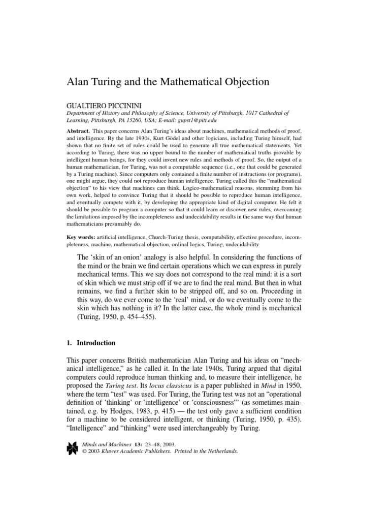 Alan Turing and Mathematical Objection | PDF | Mathematical Proof ...