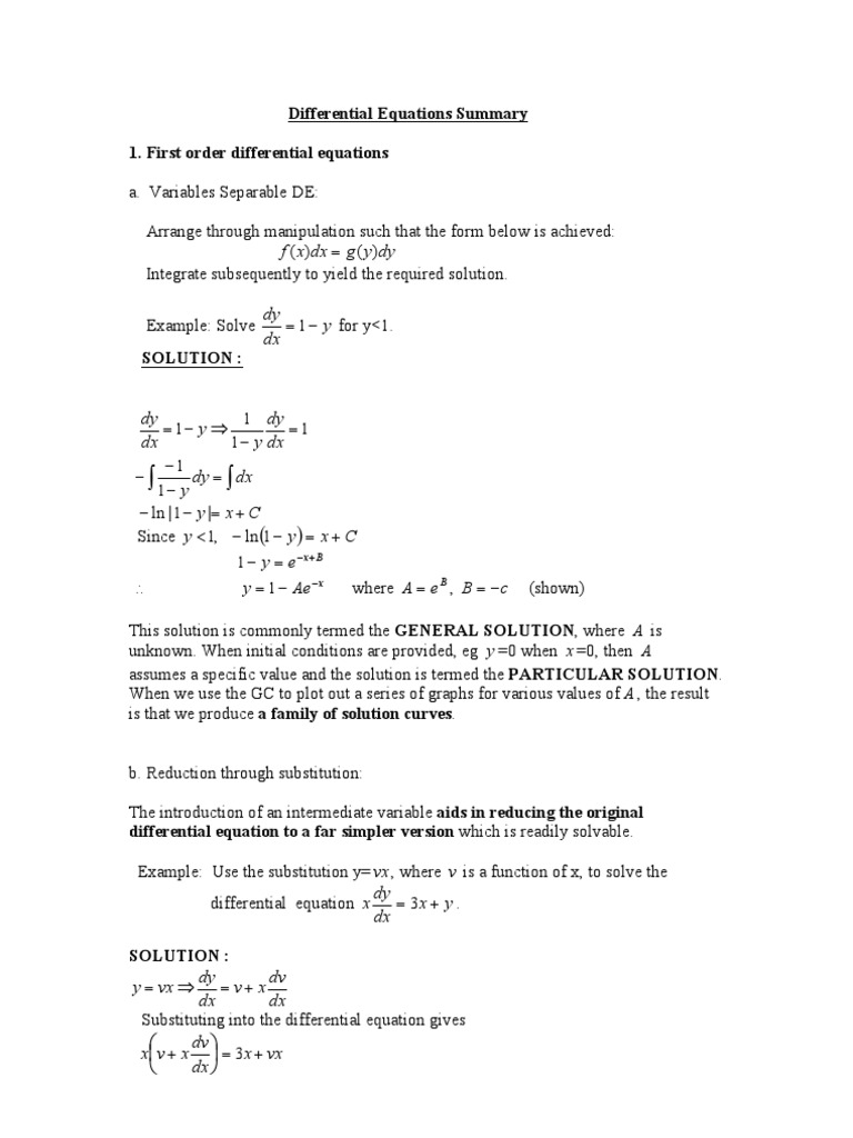 Differential Equations Summary Ordinary Differential Equation Equations