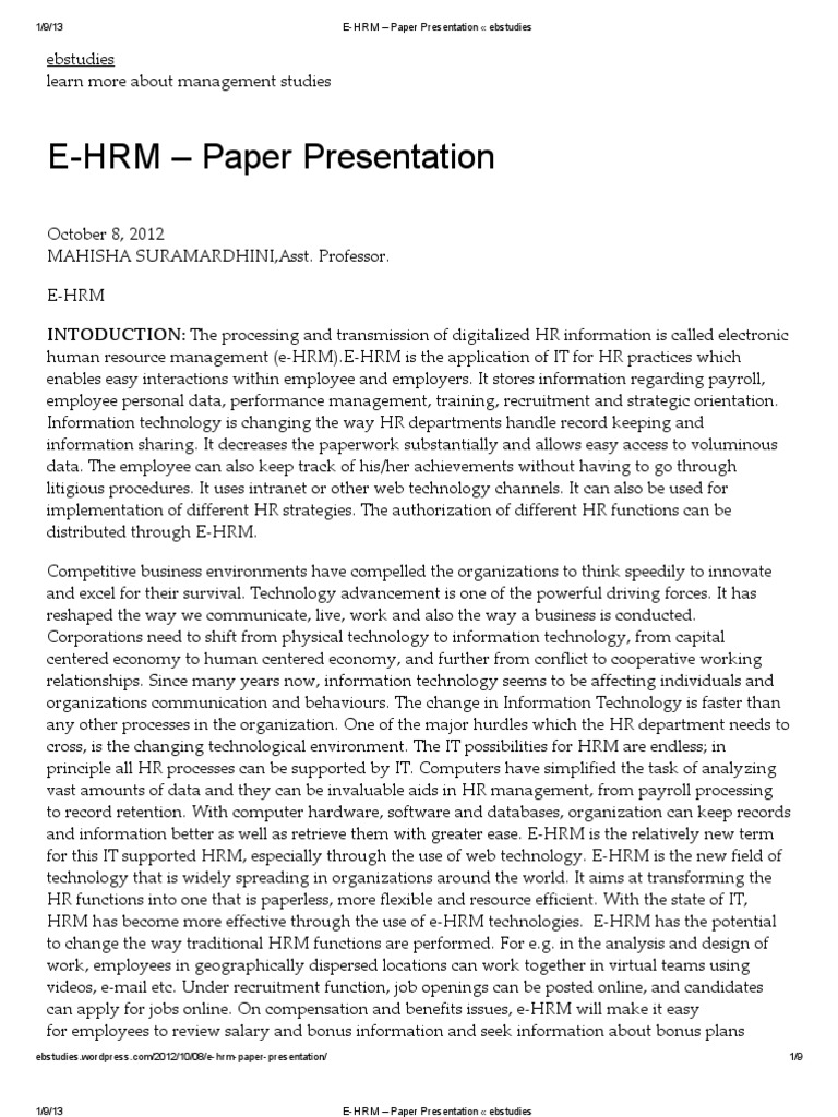 E-HRM - Paper Presentation Ebstudies | PDF | Human Resource Management
