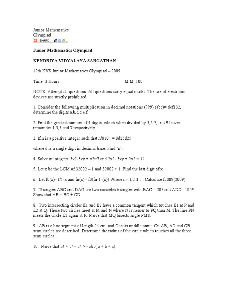 Junior Math Olympiad Problems | PDF | Triangle | Euclidean Plane Geometry
