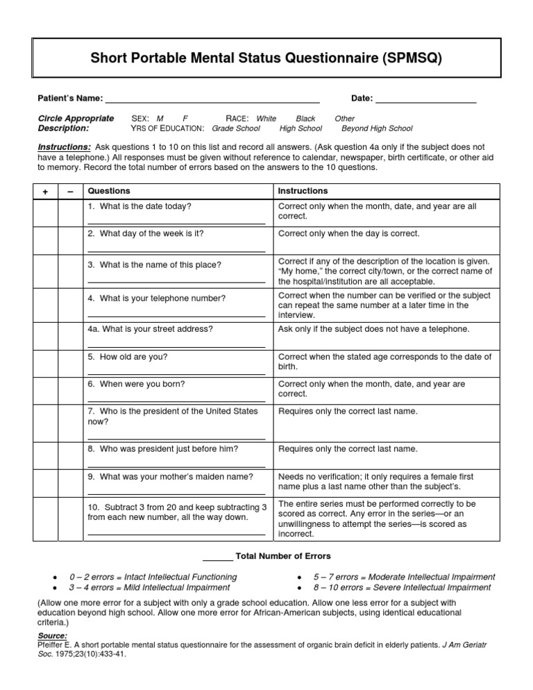 SPMSQ: Mental Status Assessment Tool | PDF | Questionnaire ...