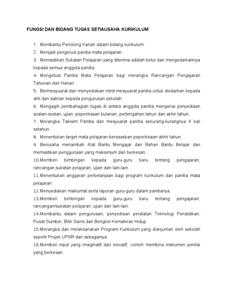 Senarai Tugas Setiausaha Kurikulum