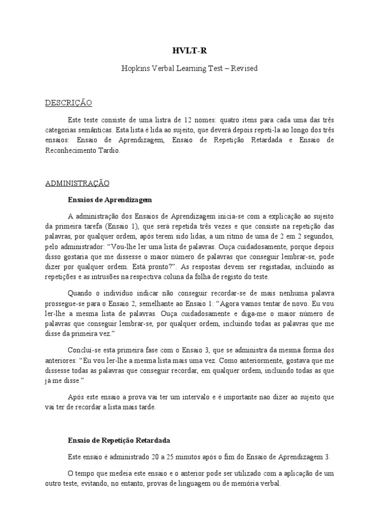 HVLT R Manual | PDF | Aprendizado | Ciência cognitiva