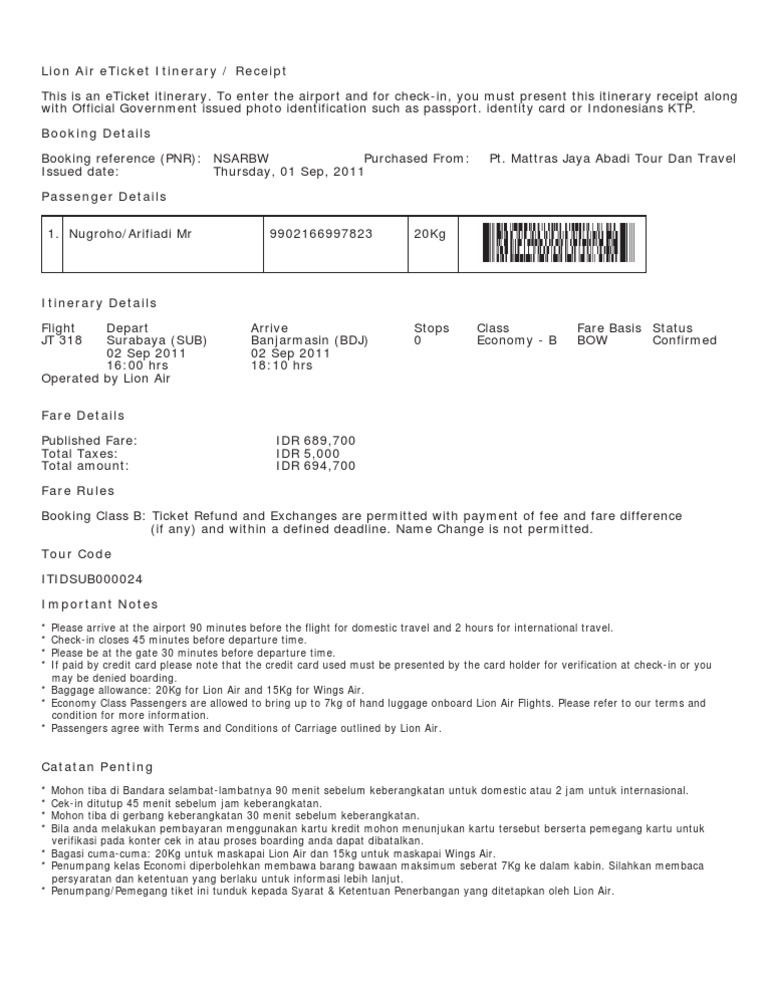 Contoh Tiket Lion Air | PDF