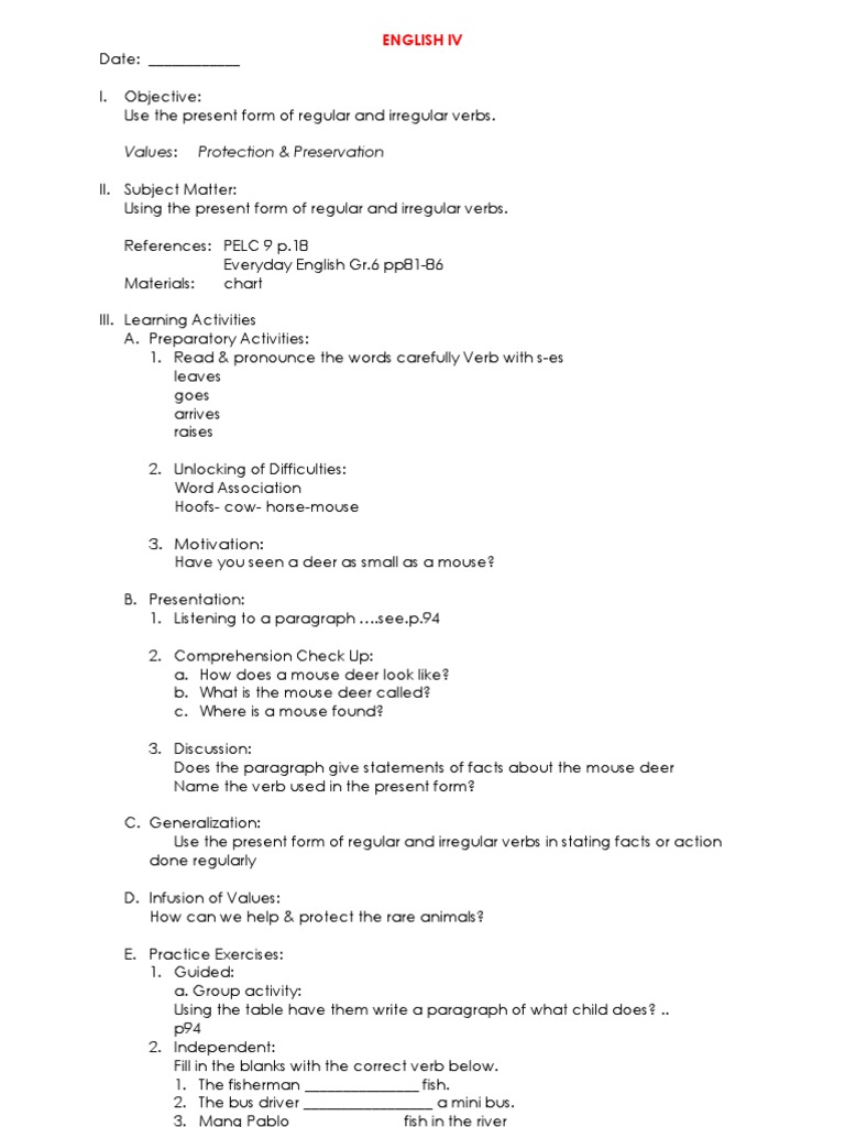 Past Form of The Verb PDF English Language Verb