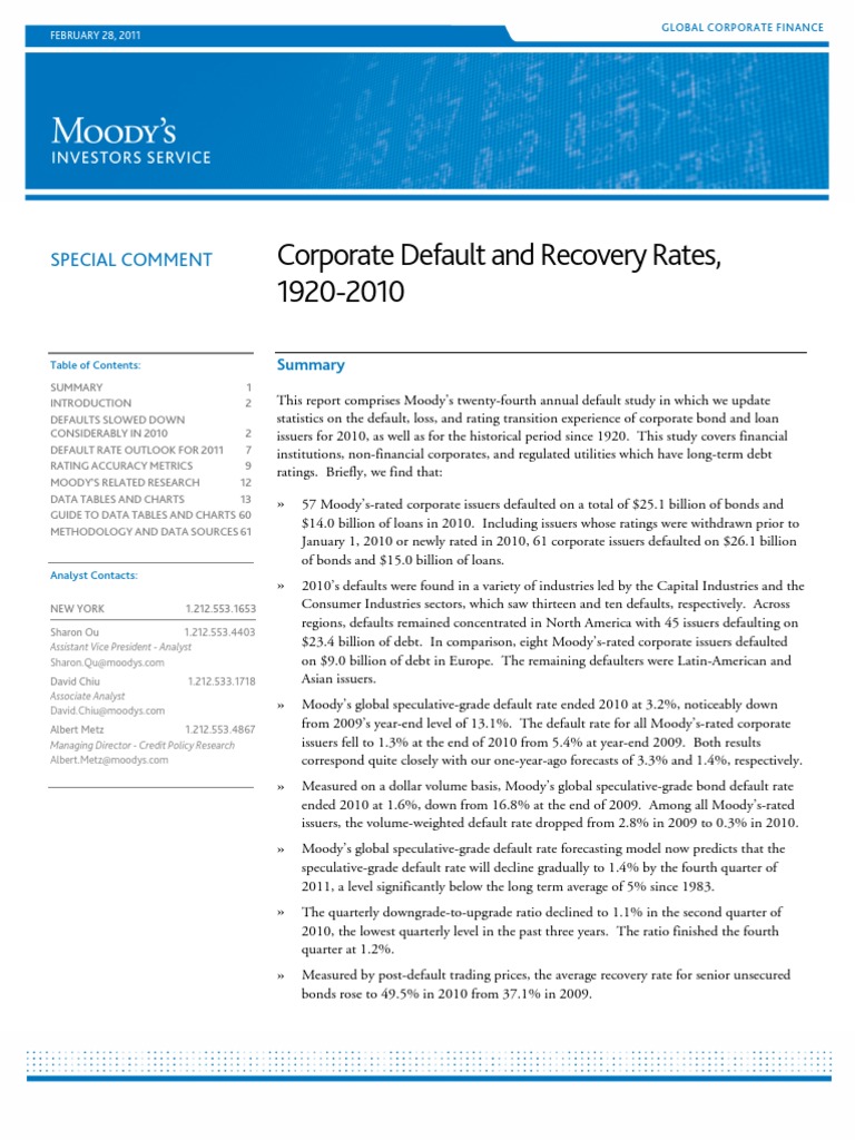 Moody's Corporate Default and Recovery Rates,19202010. Moody's