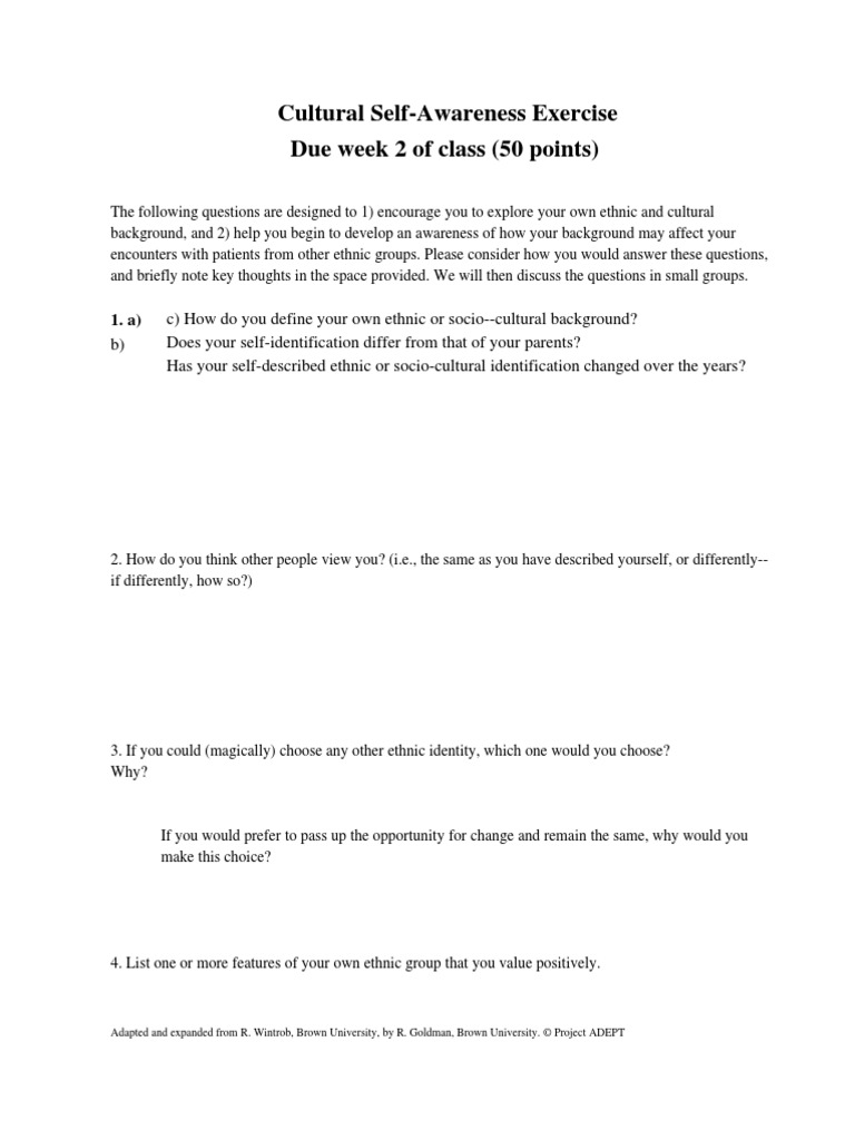 Cultural Self-Awareness Exercise Due Week 2 of Class (50 Points) | PDF ...