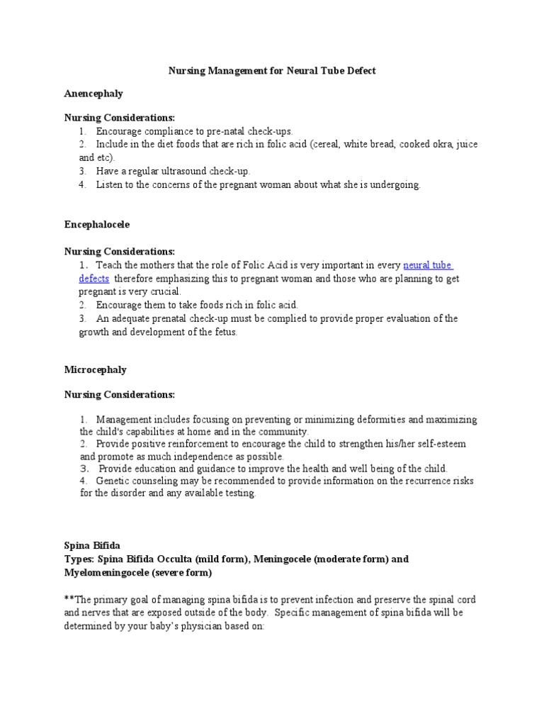 Nursing Management of Neural Tube Defects | PDF | Wellness