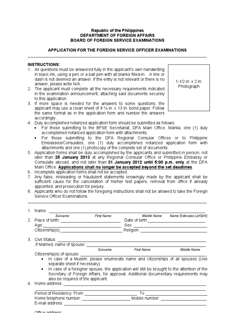 FSO Application Form 2013 PDF United States Foreign Service