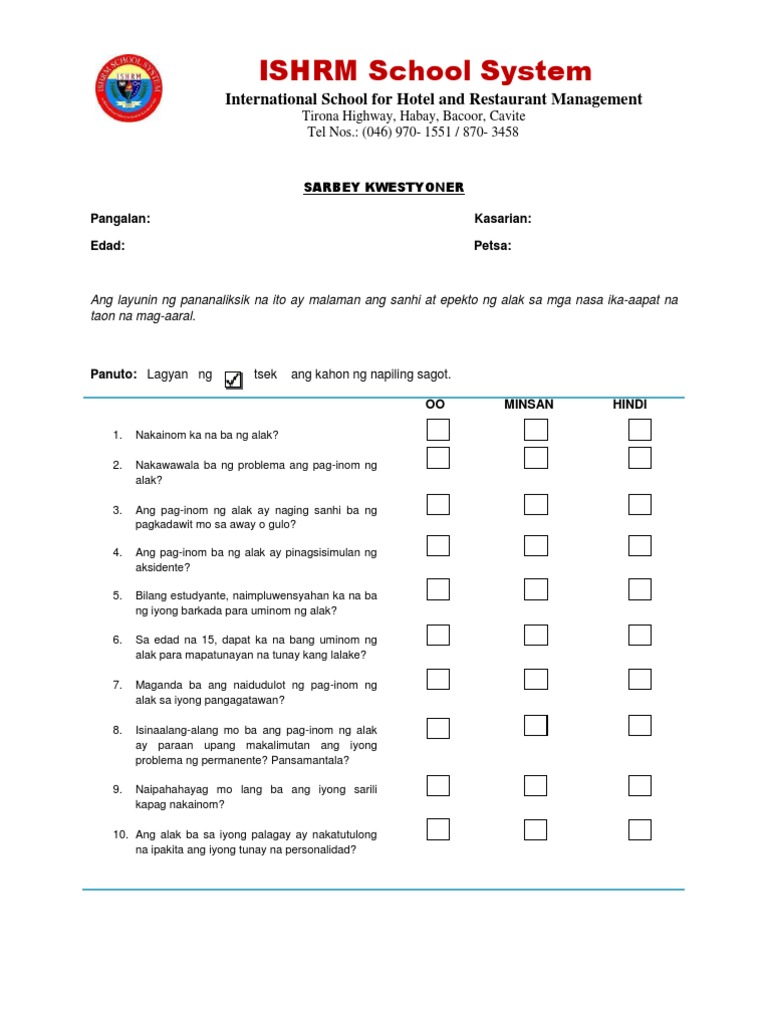 Survey Questionnaire For Alcohol Drinking PDF