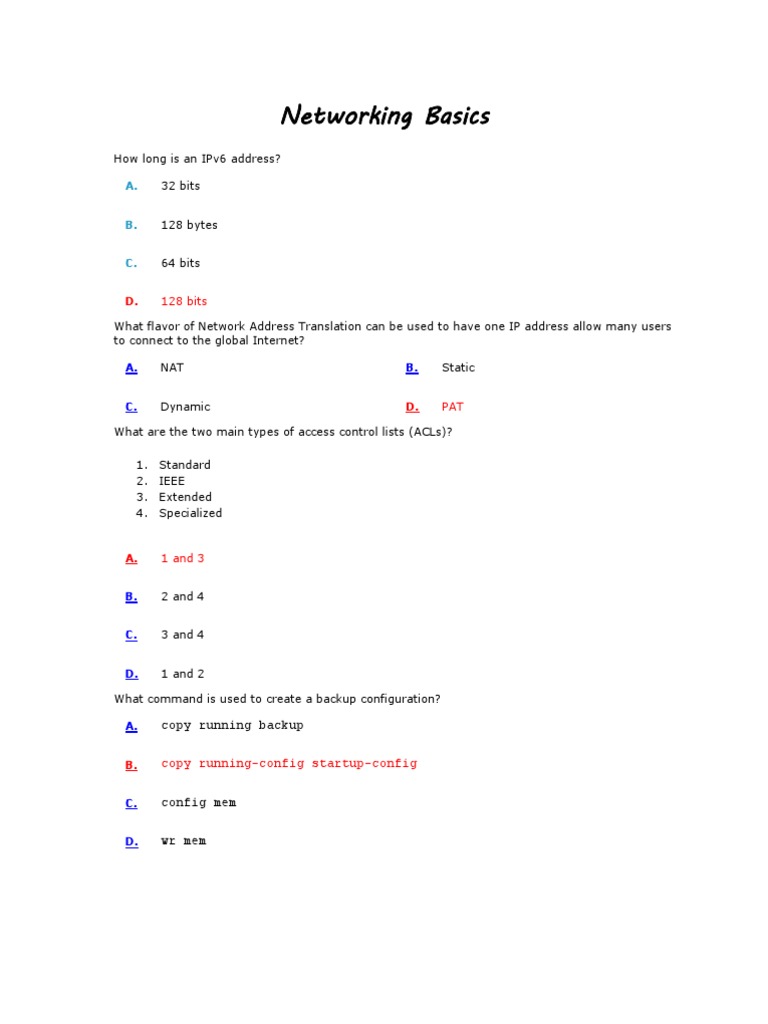 Networking Questions and Answers PDF Protocol Suite Routing
