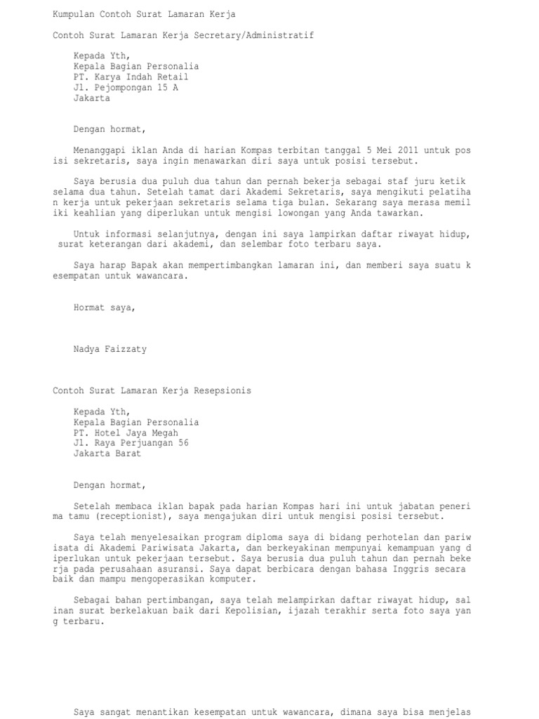 kumpulan contoh surat lamaran kerja