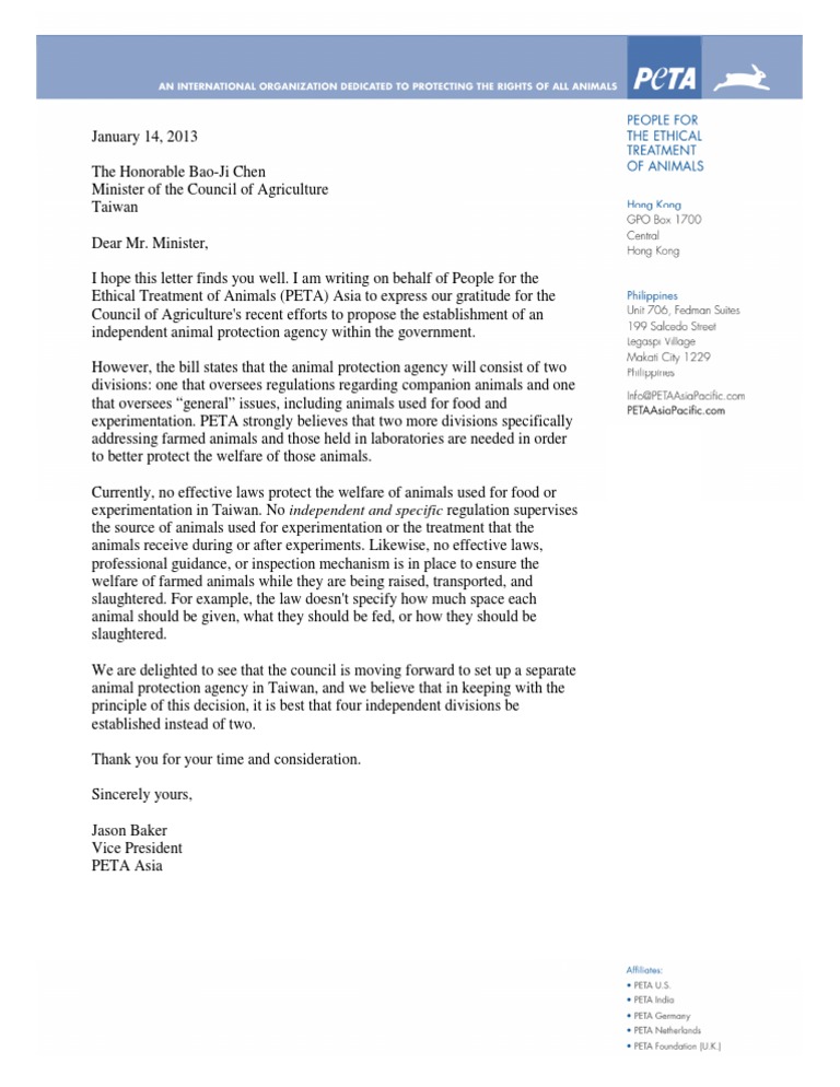PETA Asia Letter To COA - Jan 2013 | PDF | Lifestyle
