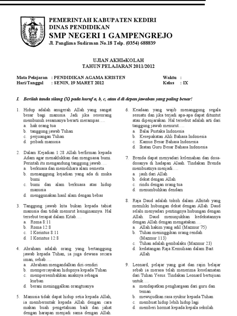 Soal Agama Kristen Kelas 10 Kurikulum 2013 Beserta Jawabannya