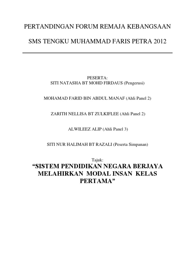 Pertandingan Forum Remaja Kebangsaan Pdf