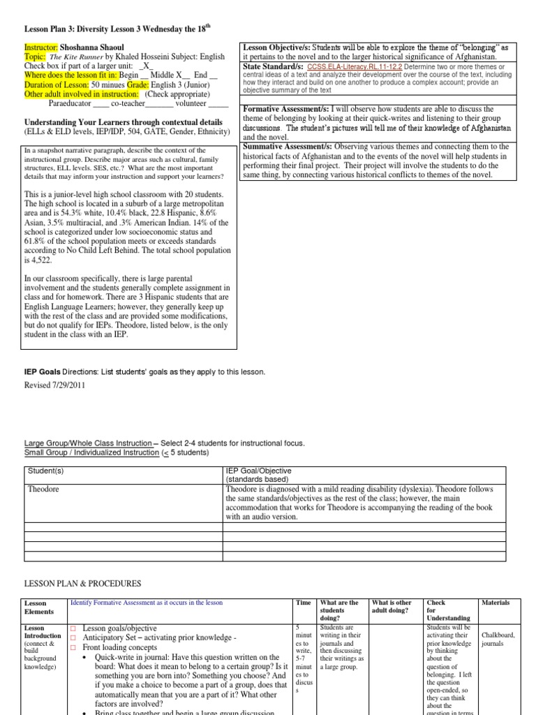 Lesson Plan Three Diversity Lesson Individualized Education Program Lesson Plan