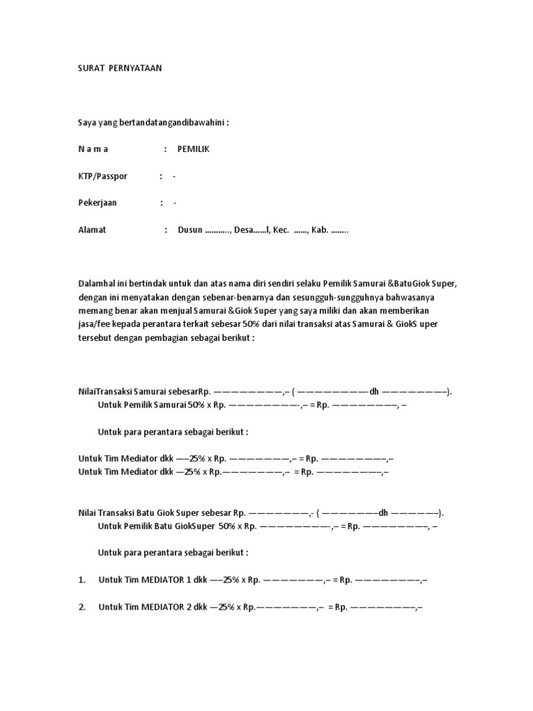 Surat Pernyataan Pemberian Fee Mediator