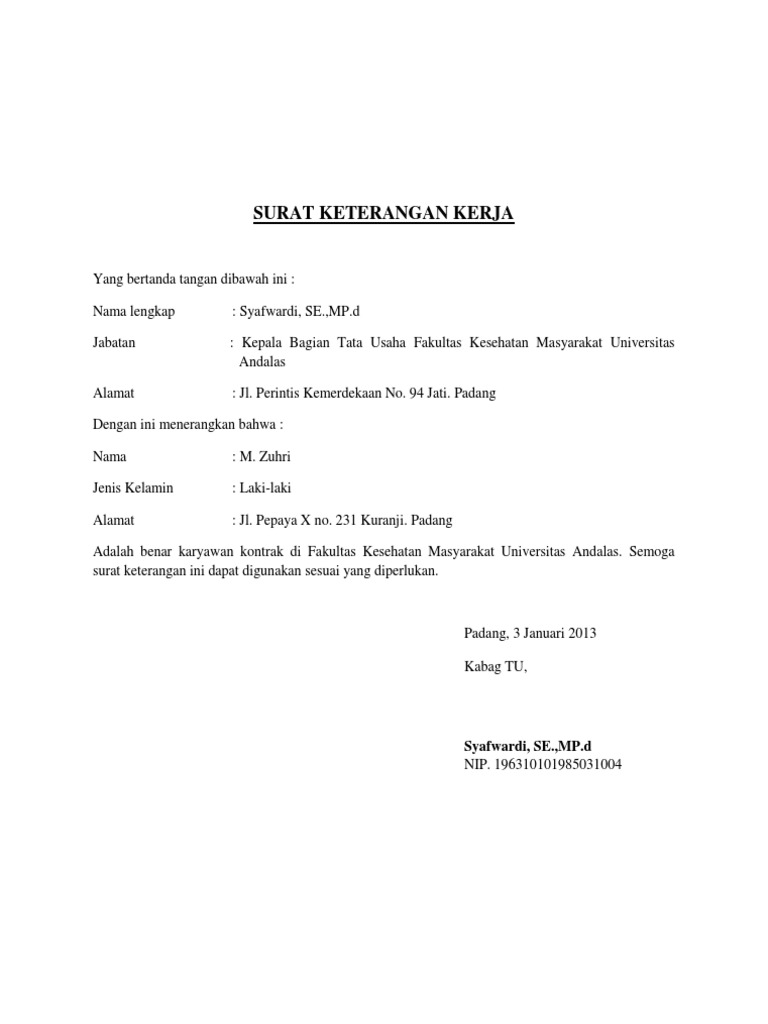Contoh Surat Keterangan Kerja Pdf