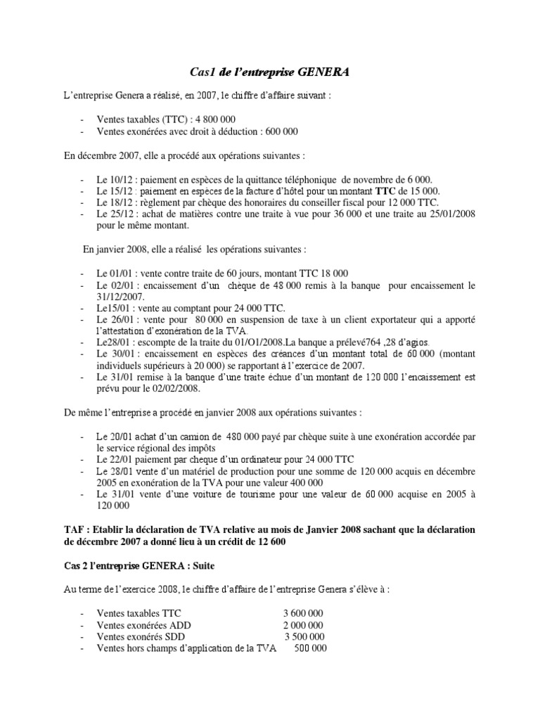 Exercice TVA  Taxe sur la valeur ajoutée  Chèque