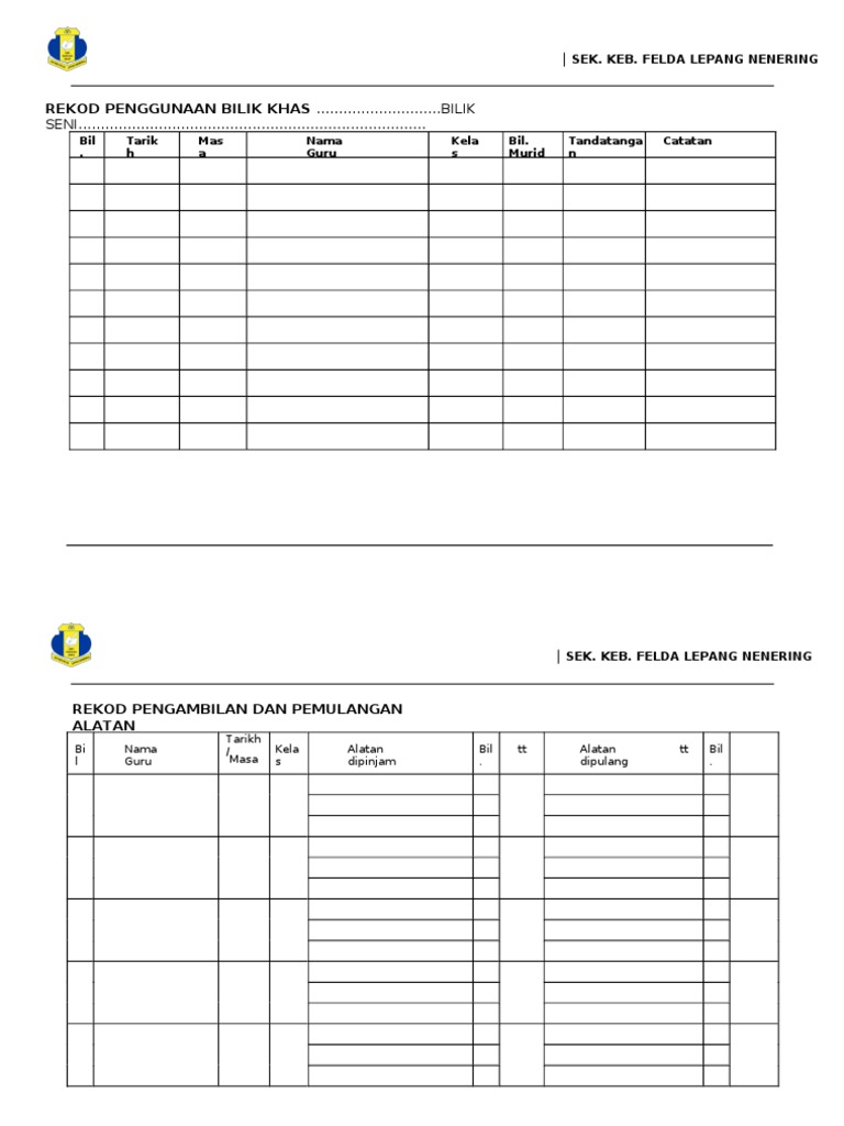Rekod Penggunaan Bilik Seni | PDF