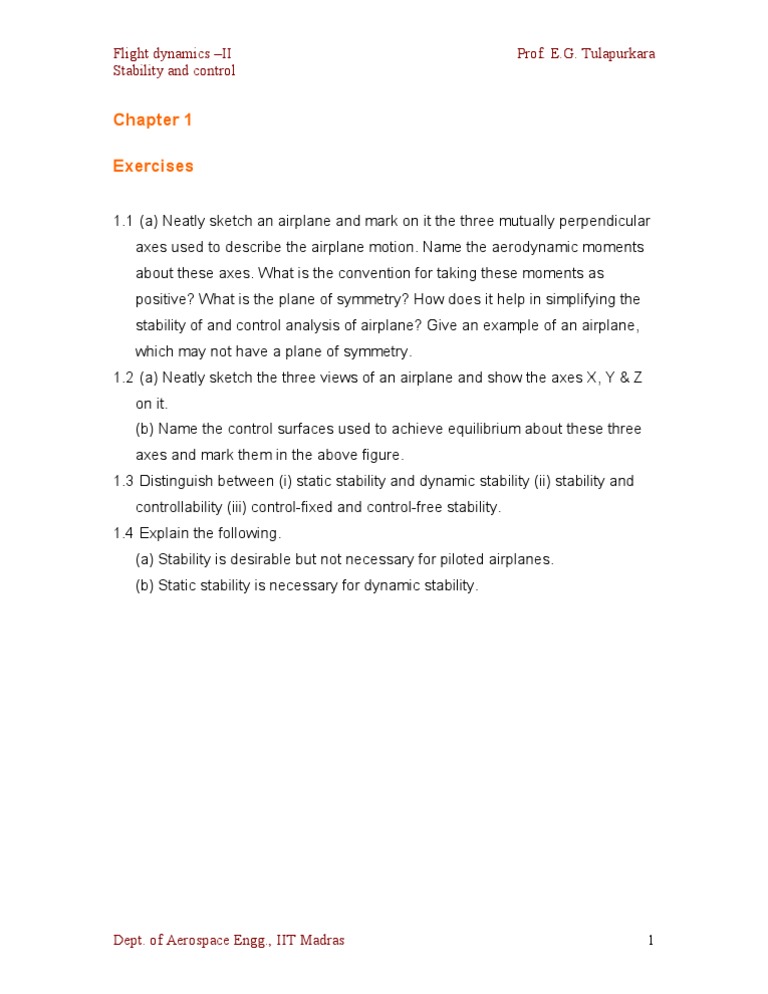 Flight Dynamics: Stability & Control Exercises | PDF