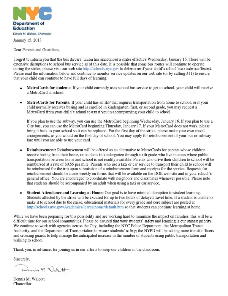 DOE letter to parents about school bus strike School Bus Bus