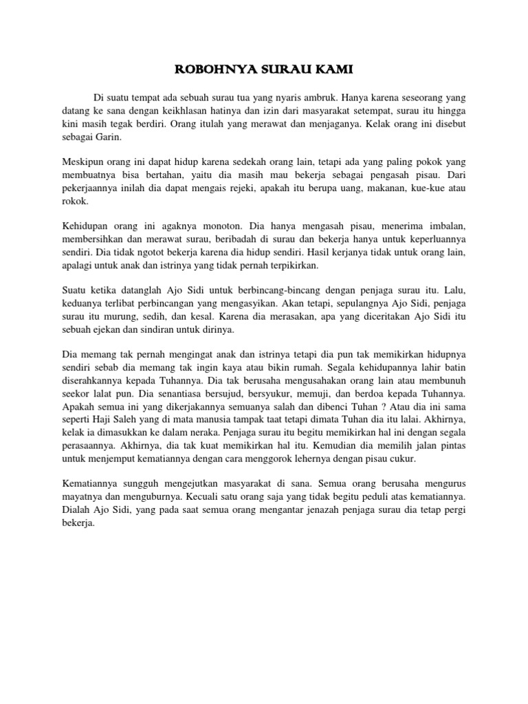 Unsur Intrinsik dan Ekstrinsik Cerpen Robohnya Surau Kami