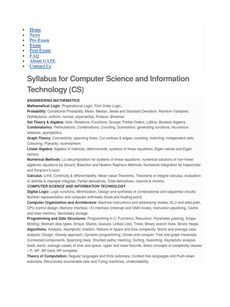 Syllabus For Computer Science and Information Technology (CS) | PDF ...