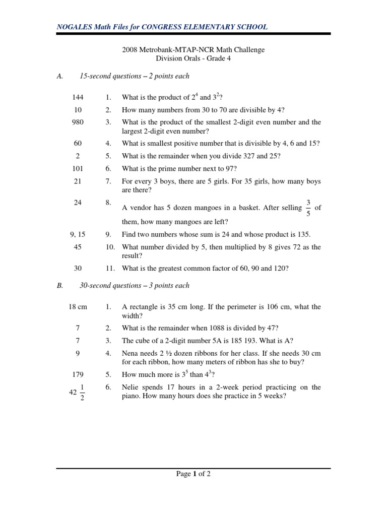 2008 Grade 4 Math Challenge Questions | PDF | Number Theory ...