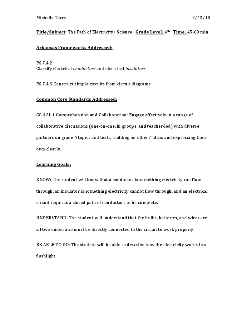 4th Grade Electricity Lesson Plan | PDF | Flashlight | Electricity