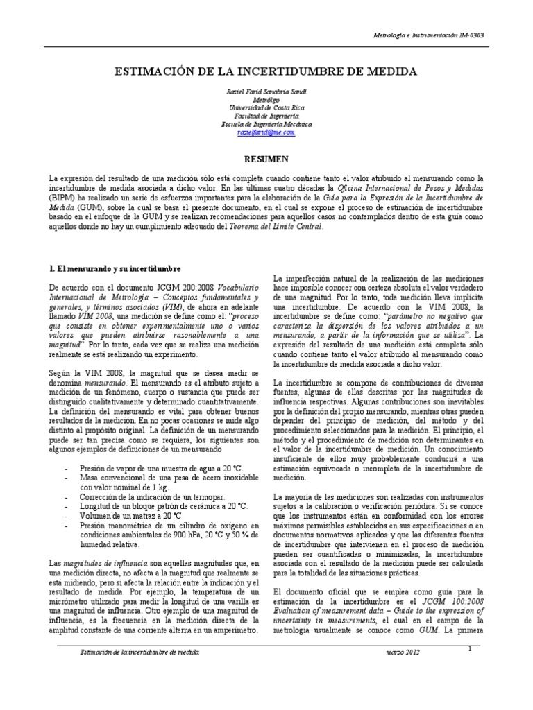 Estimación de la Incertidumbre en Medidas | PDF | Medición | Metrología