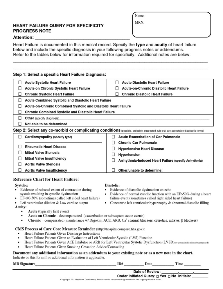 CDI Physician Query for CHF Heart Failure Diastole