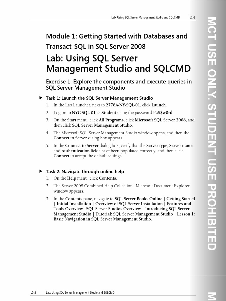 SQL Server Management Studio Lab Guide | PDF | Microsoft Sql Server ...